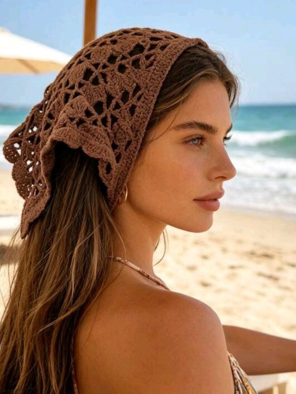 NWT Crochet Knitโ Bandana Headscarf in Brown